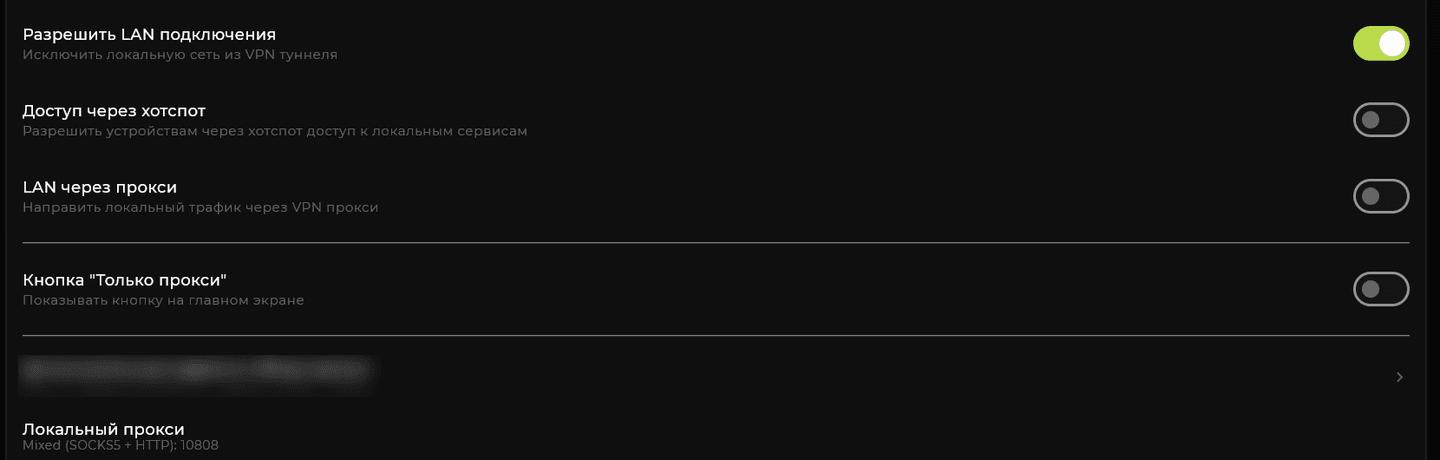 Настройки локальной сети в INCY для Windows: «Разрешить LAN подключения», «Доступ через хотспот», «LAN через прокси», кнопка «Только прокси» и локальный прокси на порту 10808